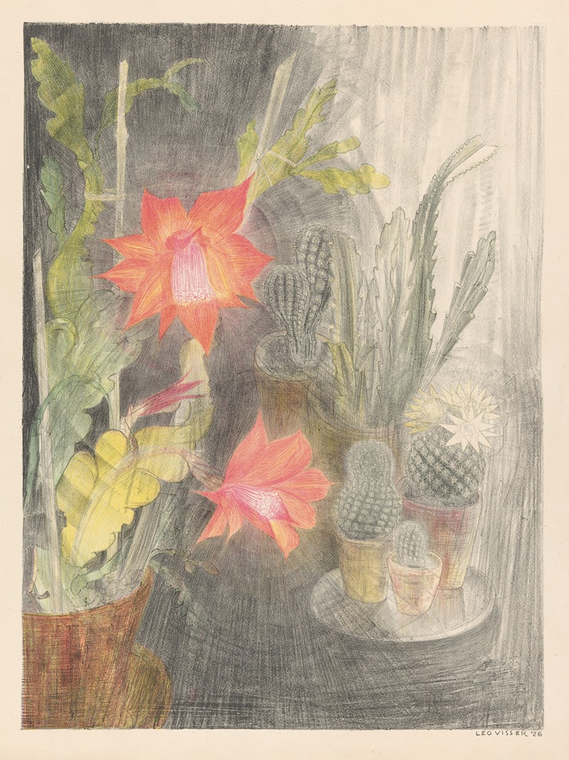 Pots with cacti and plants in bloom by Leo Visser, 1926 — digital art print download