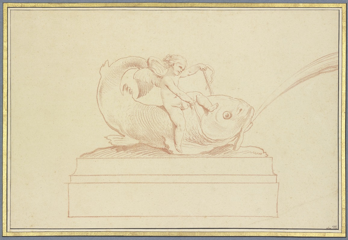 Wasser speiender Delphin nach links mit einer Amorette — Edmé Bouchardon