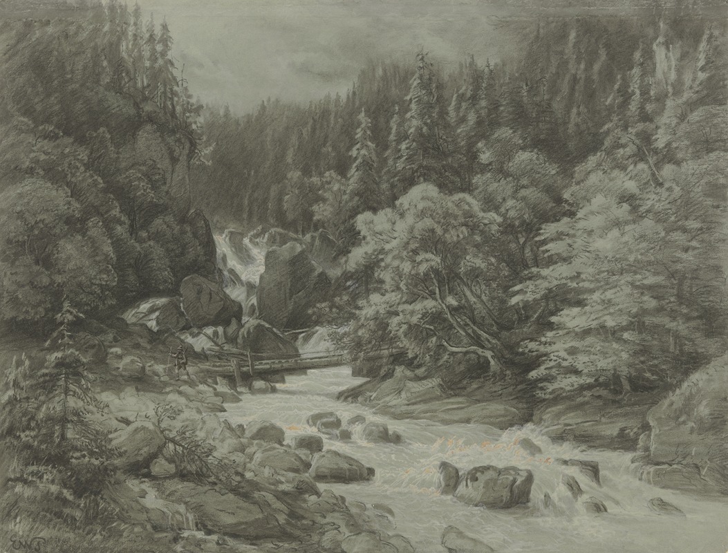 Wildbach in Tirol mit einer Brücke by Эдуард Вильгельм Позе — digital art print download