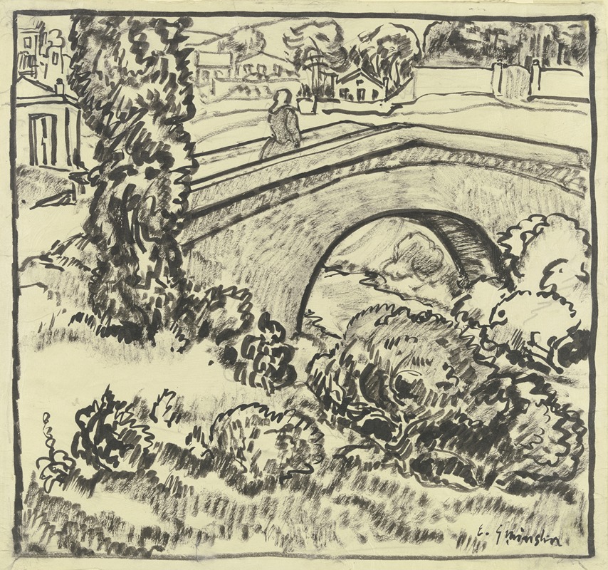 Landschaft mit Brücke und Ortschaft by Engelbert Gminska — digital art print download