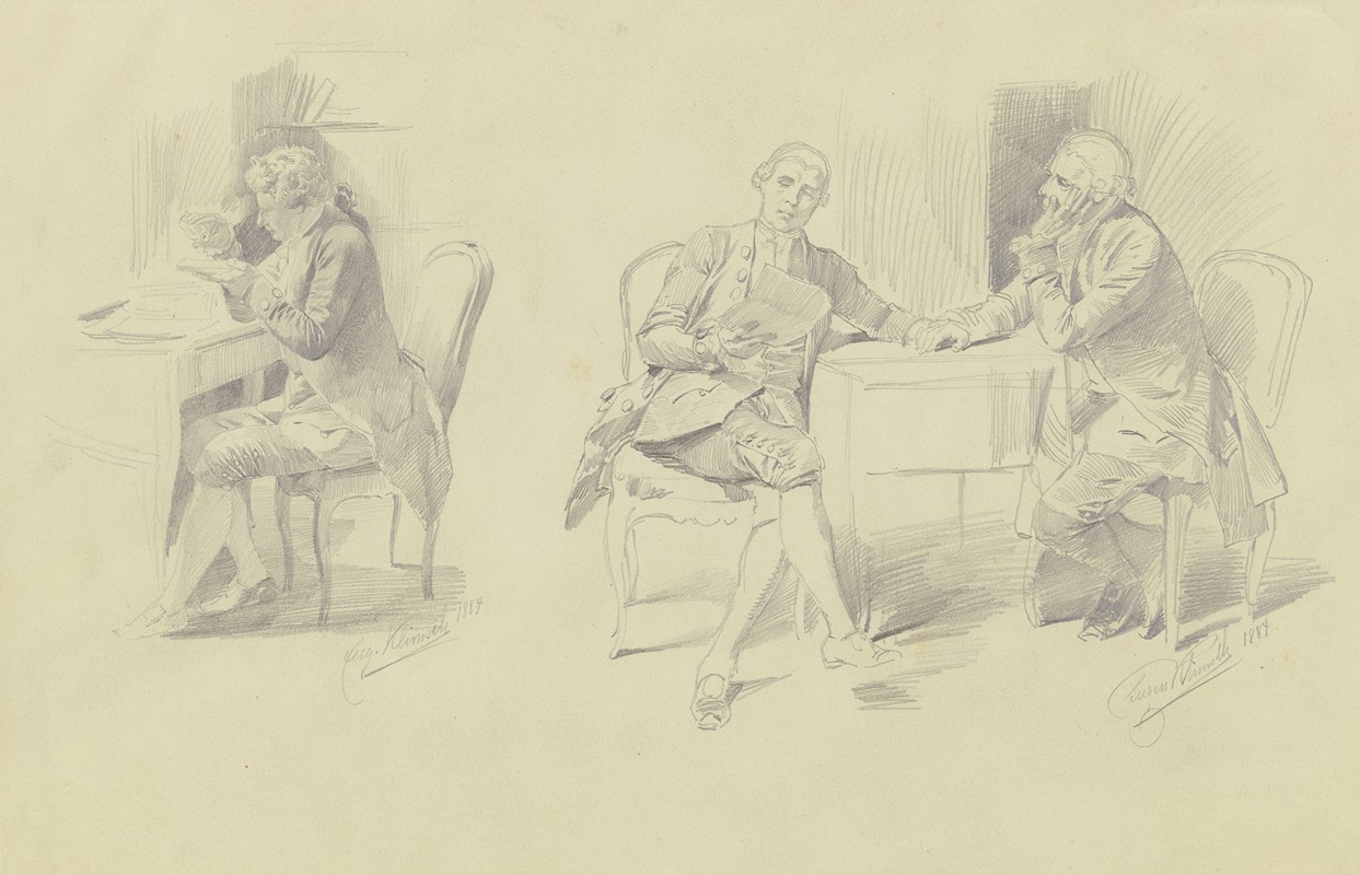 Studienblatt; Ein Mann schreibt einen Brief; ein Mann liest einem anderen einen Brief vor by Евген Климш, 1884 — digital…