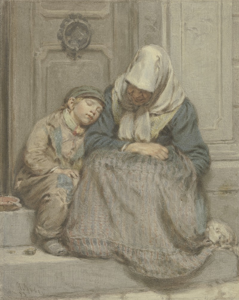 Frau mit Knabe vor einer Türe schlafend — Angilbert Göbel