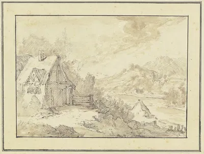 Bergiges Flußufer mit Burgen und Häusern by Franz Schütz — digital art print download