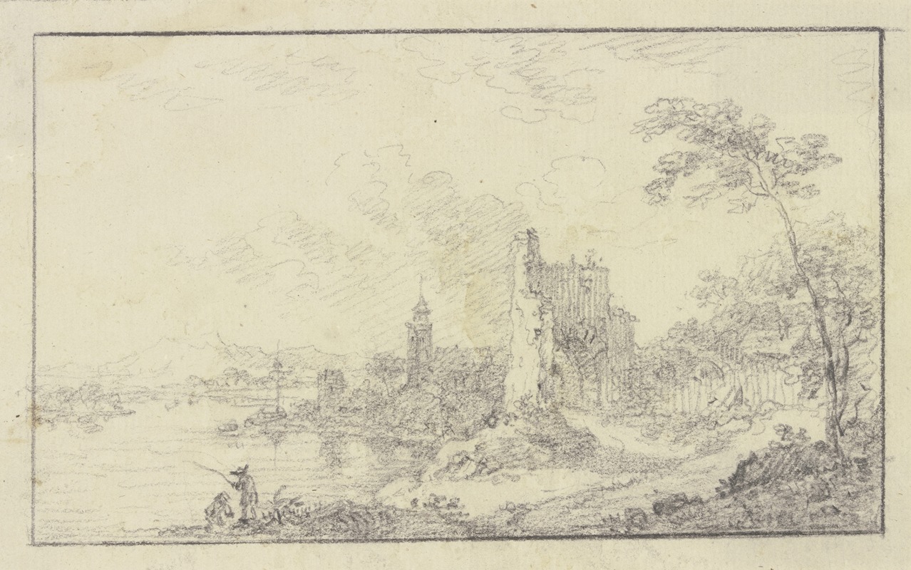 Städtchen an einem Fluß mit der Ruine eines Torturmes — Franz Schütz