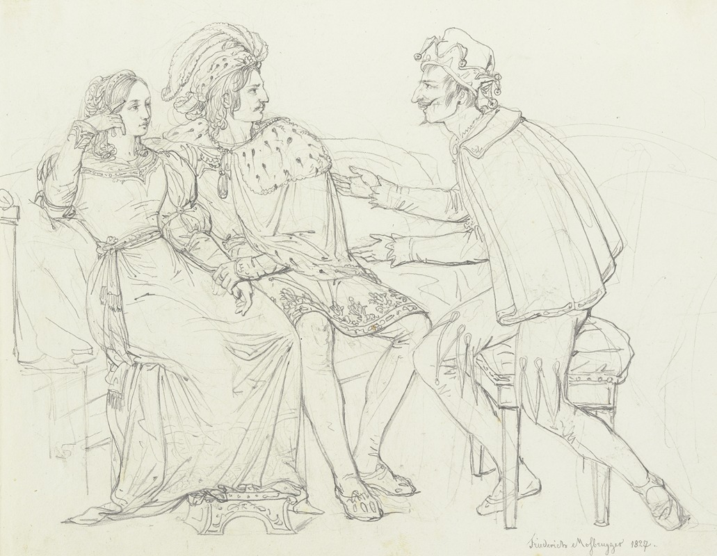 Ein Paar auf einem Sofa unterhält sich mit einem Narren by Фридрих Мосбруггер, 1827 — digital art print download
