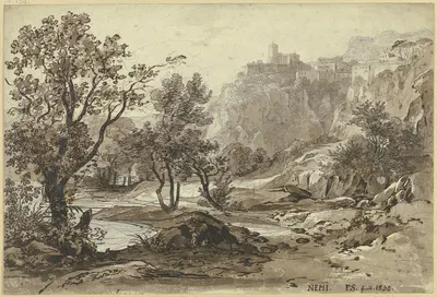 Ansicht von Nemi, im Vordergrund der Nemisee by Фридрих Салатэ, 1830 — digital art print download