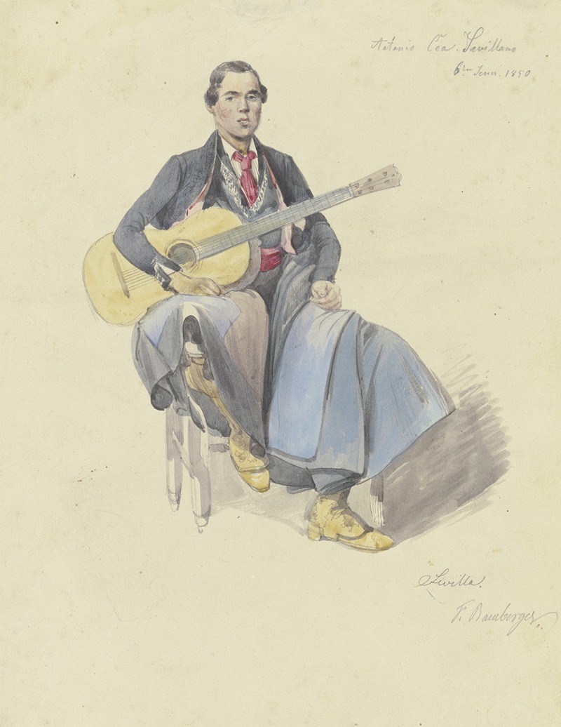 Spaniard with guitar by Фриц Бамбергер, 1850 — digital art print download