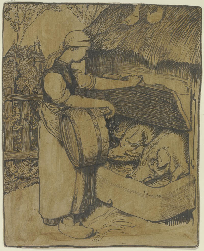 Maid feeding pigs by Фриц Бёле — digital art print download
