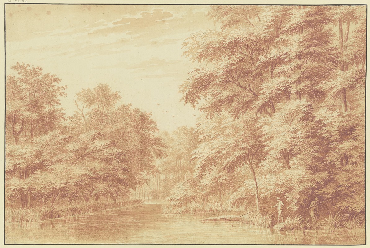 Kanal im Wald, rechts zwei Angler — Gerard van Rossum