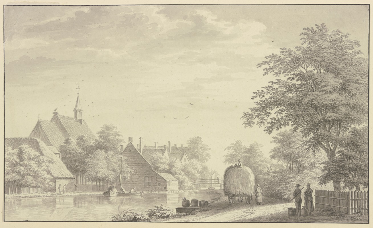 Städtchen am Fluß, rechts ein Heuwagen — Gerard van Rossum