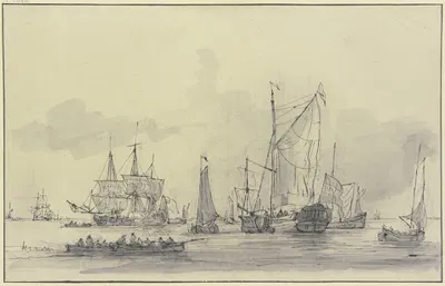 Viele Schiffe bei ruhiger See, links vorn zwei Ruderboote by Gerrit Groenewegen — digital art print download