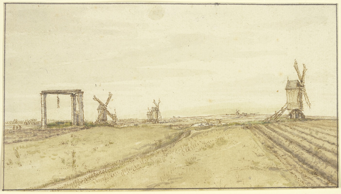 Flache Landschaft mit Windmühlen und Galgen by Гиллис Нейтс — digital art print download