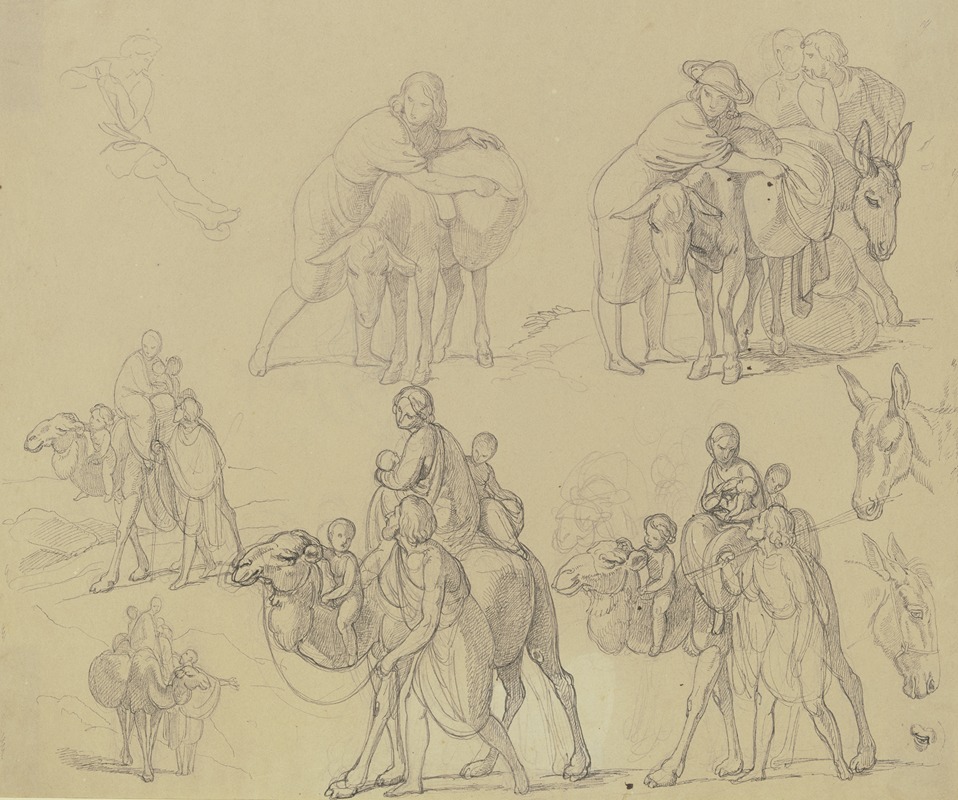 Studienblatt; Reisende mit Eseln und Dromedaren — Gustav Heinrich Naecke