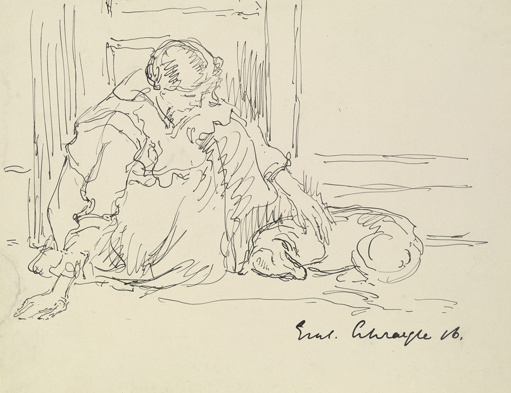 Crouching girl with dog by Густав Шрэгле, 1916 — digital art print download