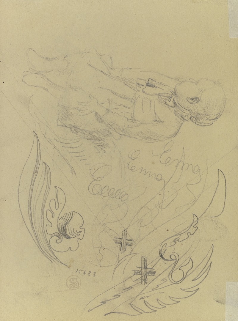 Studienblatt; Sitzendes Mädchen mit abgewandtem Kopf, Blattornament — Gustav Schraegle