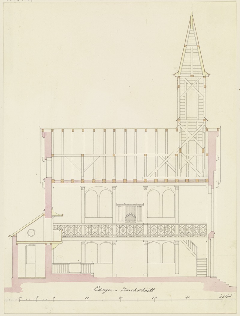 Längsschnitt durch eine Kirche für die Gemeinde Friedrichsdorf — Heinrich Hübsch