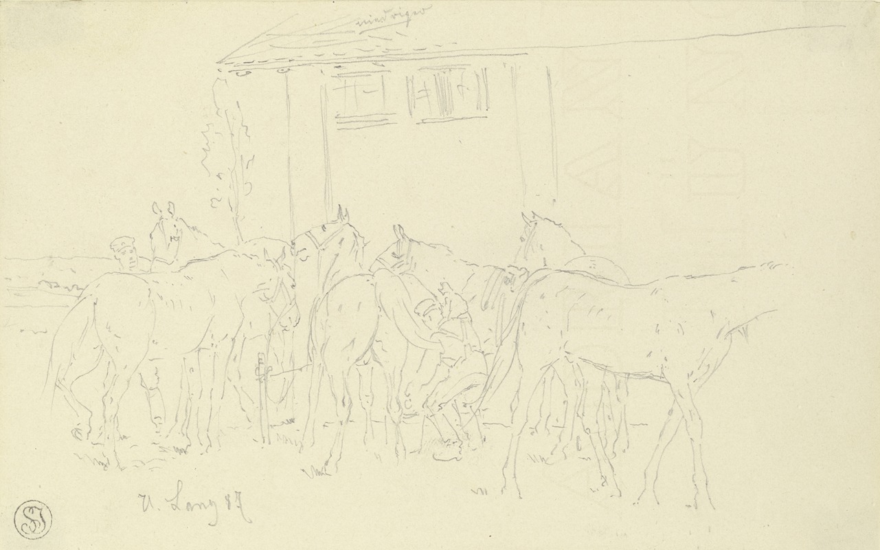 Cleaning the horses in the camp — Heinrich Lang