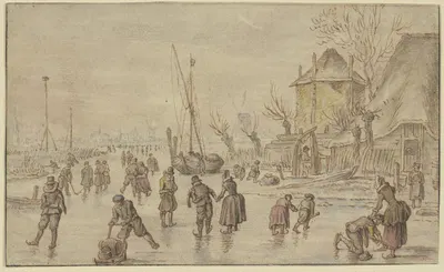 Winterlandschaft, auf dem Eis viele Schlittschuhläufer, rechts schnallt ein Mann einer Frau die Schlittschuhe an by Хендрик…