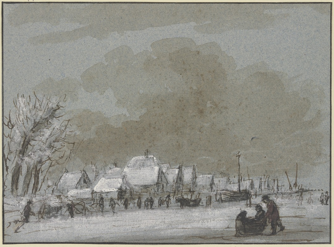 Winterlandschaft, links ein Dorf, eingefrorene Schiffe, rechts auf dem Eis zieht ein Mann ein Schlitten — Hendrik Spilman