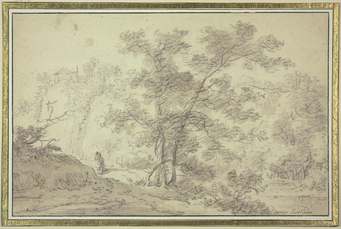 Waldpartie, links Häuser, rechts Wasser — Герман Сафтлевен III