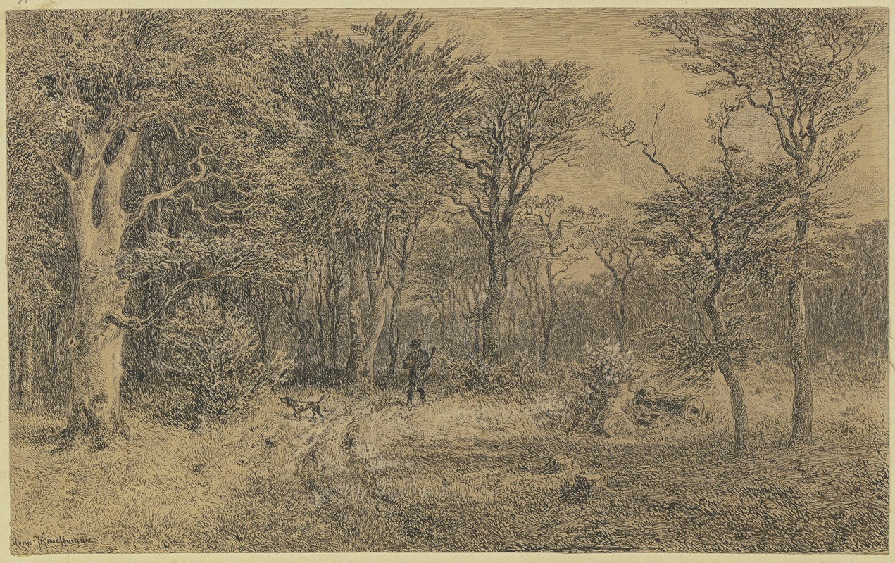 Jäger mit Hund im Buchenwald by Герман Кауфманн — digital art print download