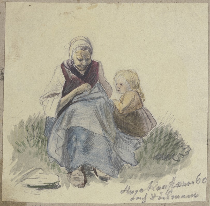 Großmutter, nähend, und Kind by Хьюго Кауфманн, 1860 — digital art print download