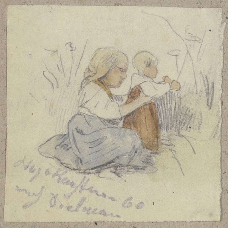 Kleines Mädchen mit Kind am Boden by Хьюго Кауфманн, 1860 — digital art print download