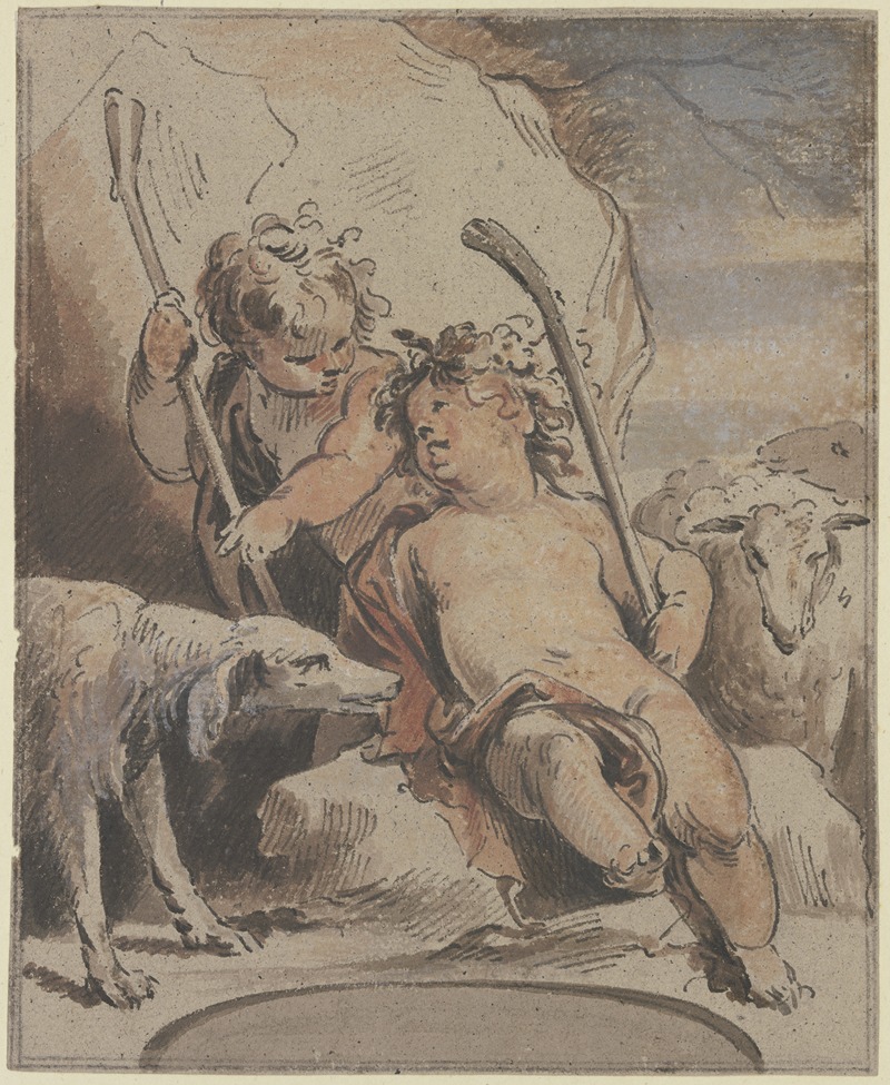 Zwei Amoretten mit einem Hund und einem Schaf — Jacob de Wit