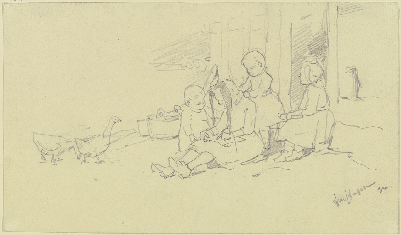 Vier Kinder vor der Haustür by Якоб Хапп, 1896 — digital art print download