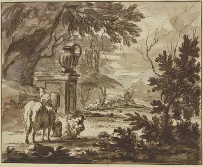 Bei einem Monument mit einer großen Vase ein Hirte mit Schafen by Jacob van der Does — digital art print download