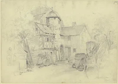 Bauernhof, rechts ein Wagen, Fässer und ein Korb by Якоб Фюрхтегот Дильман, 1843 — digital art print download