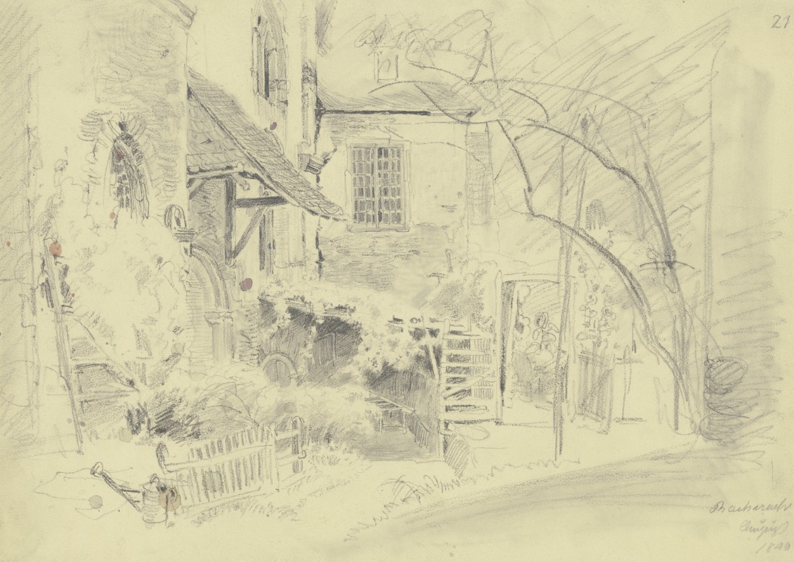 Garten an der Kirche, links eine Gießkanne — Jakob Fürchtegott Dielmann
