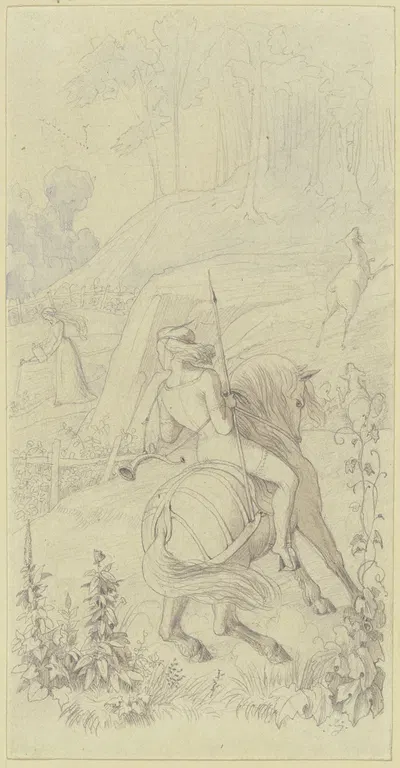 Jagender Jüngling zu Pferd, eine Blumen gießende junge Frau erblickend by Jakob Jung — digital art print download