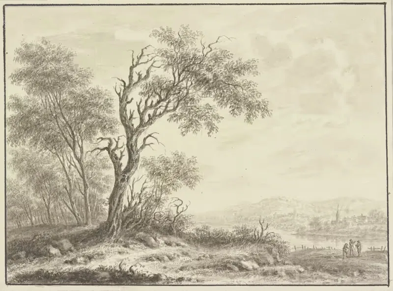 Группа деревьев на берегу реки, на заднем плане деревня by Иоганн Каспар Цендер — digital art print download