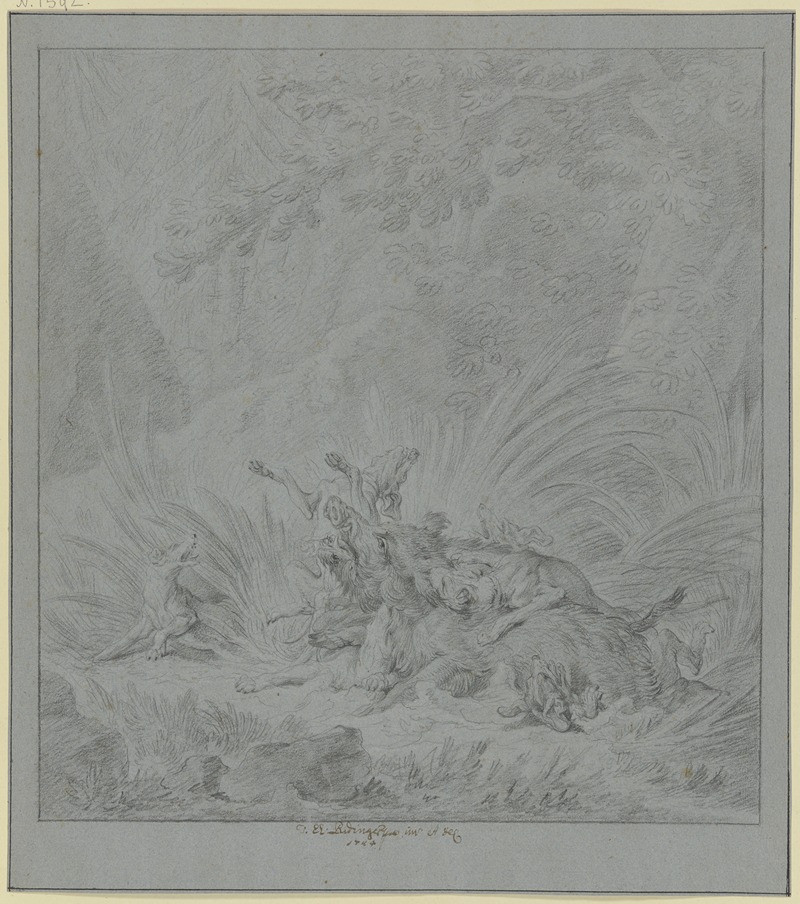Eber, von vier Hunden gestellt by Johann Elias Ridinger, 1744 — digital art print download