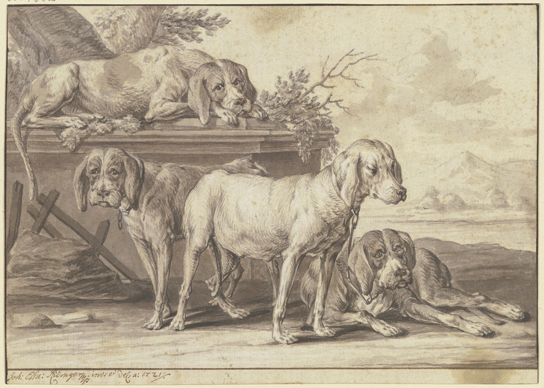 Four hunting dogs by Johann Elias Ridinger, 1721 — digital art print download