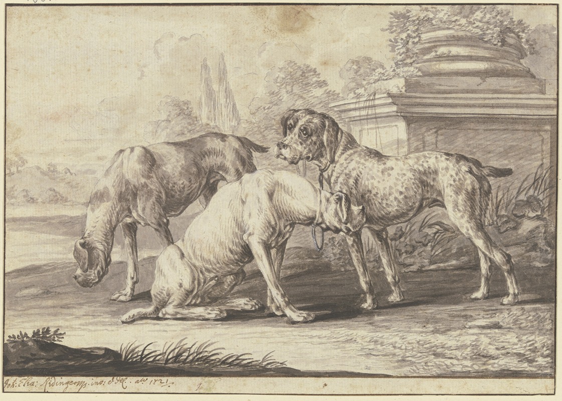 Three hunting dogs by Johann Elias Ridinger, 1721 — digital art print download