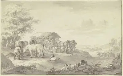 Ein mit Säcken beladener Lastwagen auf dem Feld unter einem Baum by Johann Georg Pforr — digital art print download
