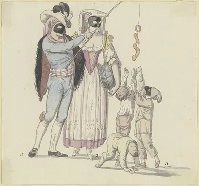 Maskenszene mit Fischer und Frascatanerin; Ein maskiertes Paar, der Mann mit einer Angel, an der Würstchen hängen, nach…