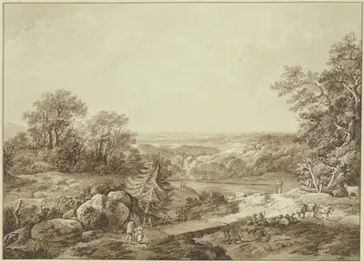 Hügellandschaft mit Ausblick in weite Ferne, vorne am Weg rastende Hirten mit ihrer Herde und wandernde Bauern by Johann…