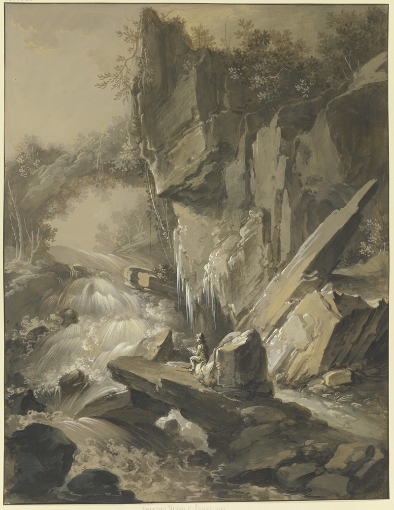 Wasserfall, im Vordergrund ein Maler by Иоганн Якоб Шиллингер — digital art print download