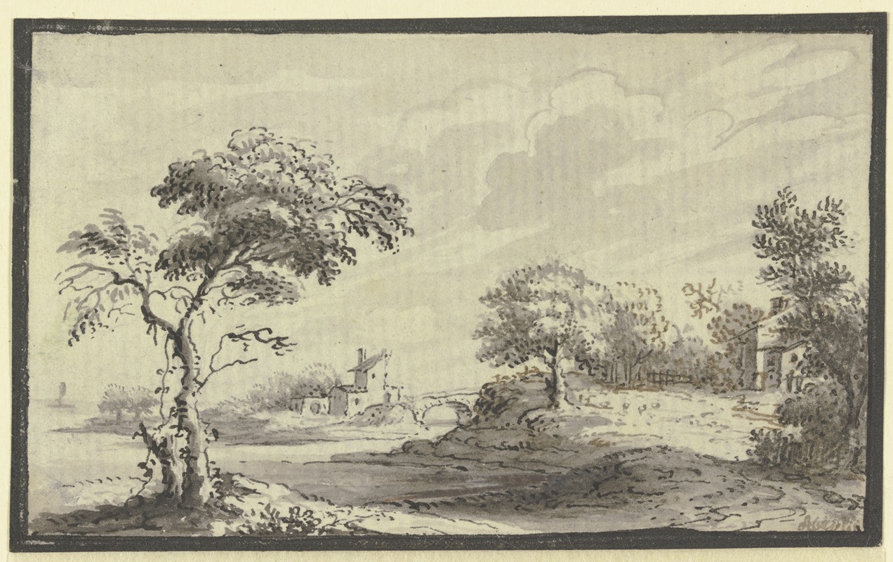Hügelige Landschaft mit Fluß, Bäumen und Häusern — Johann Ludwig Aberli