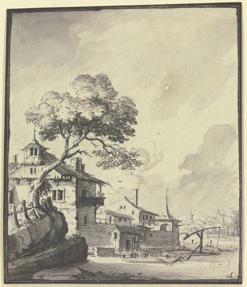 Gebäude an einem Fluß by Иоганн Людвиг Аберли, 1744 — digital art print download