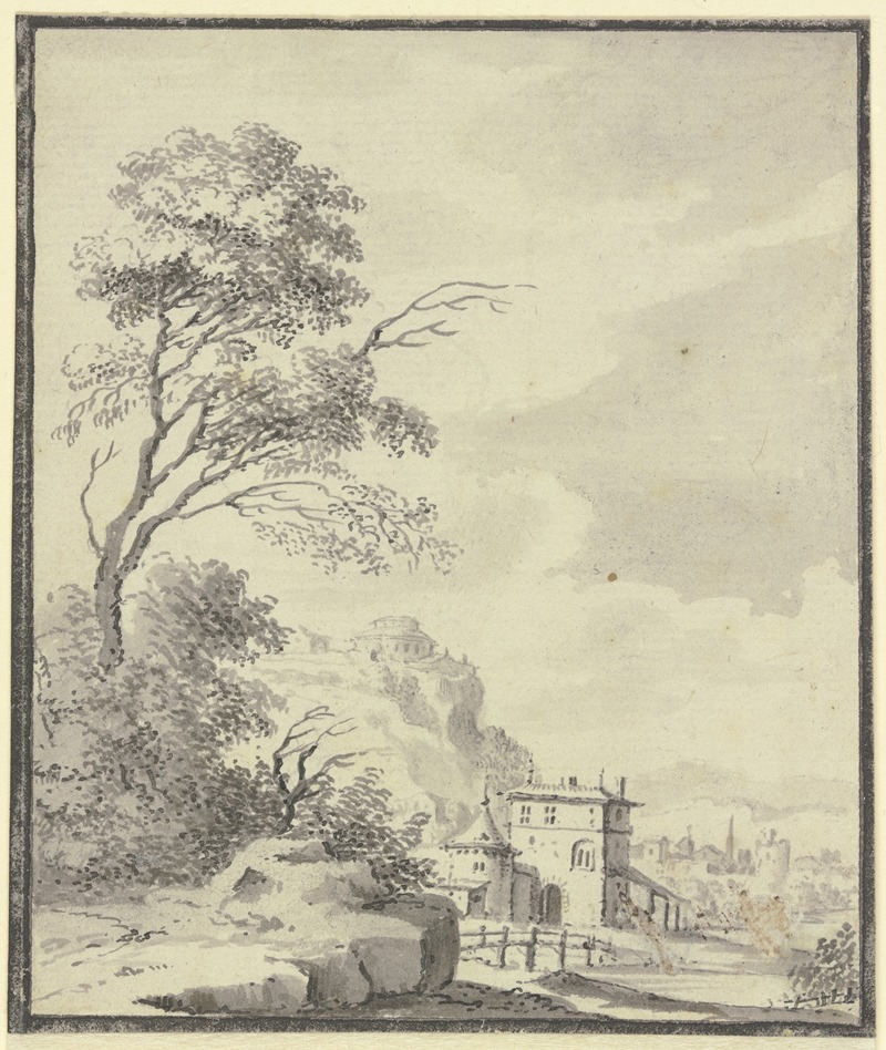 Landschaft mit einem Haus mit Turm by Иоганн Людвиг Аберли, 1744 — digital art print download