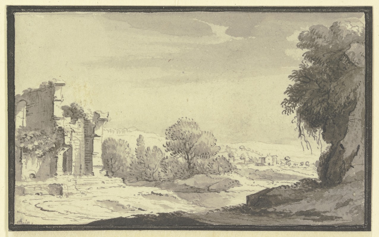 Landschaft mit einer Ruine links im Vordergrund — Johann Ludwig Aberli