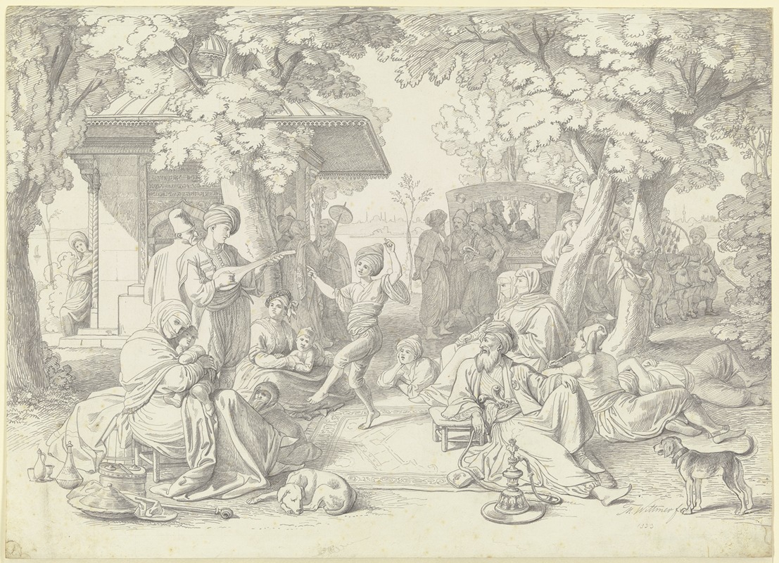 Knabe vor einer Versammlung von Orientalen tanzend — Johann Michael Wittmer