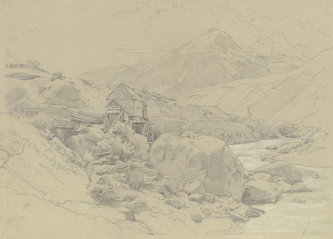 Wassermühle in einer Gebirgslandschaft by Иоганн Вильгельм Ширмер — digital art print download