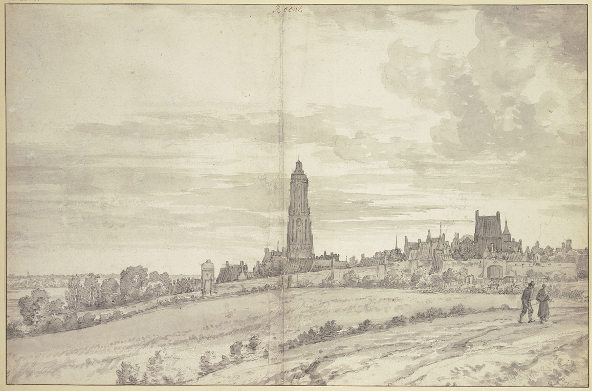 Stadtansicht mit einer Kathedrale und langer Stadtmauer — Joris van der Haagen