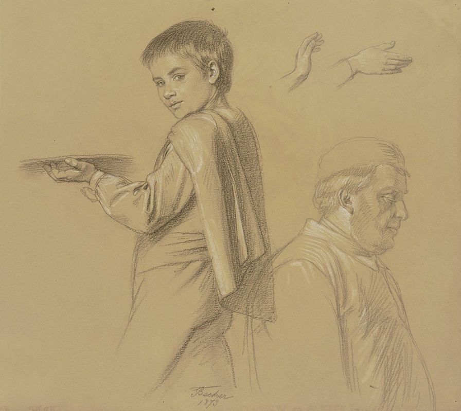 Studienblatt; Page mit Tablett, männliche Halbfigur, zwei Hände by Йозеф Фердинанд Беккер, 1873 — digital art print download