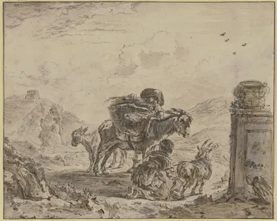 Landscape with a farmer with a loaded donkey and two goats, one of which is being milked by a girl by Иосиф Рус — digital…